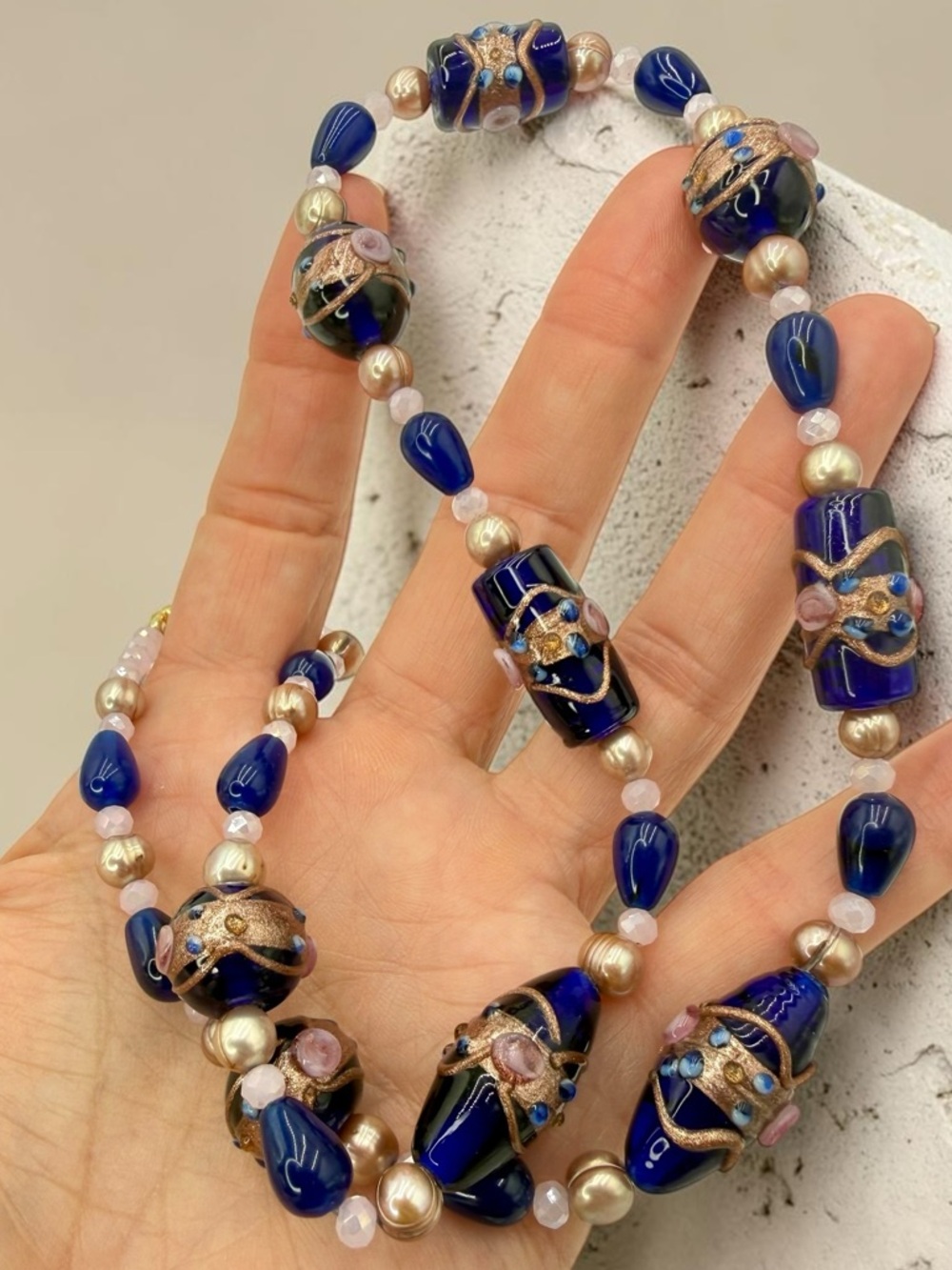Venetian Wedding Cake Bead Necklace Blue Jade Genuine Pearl Pink Crystal 20” - Picture 12 of 17